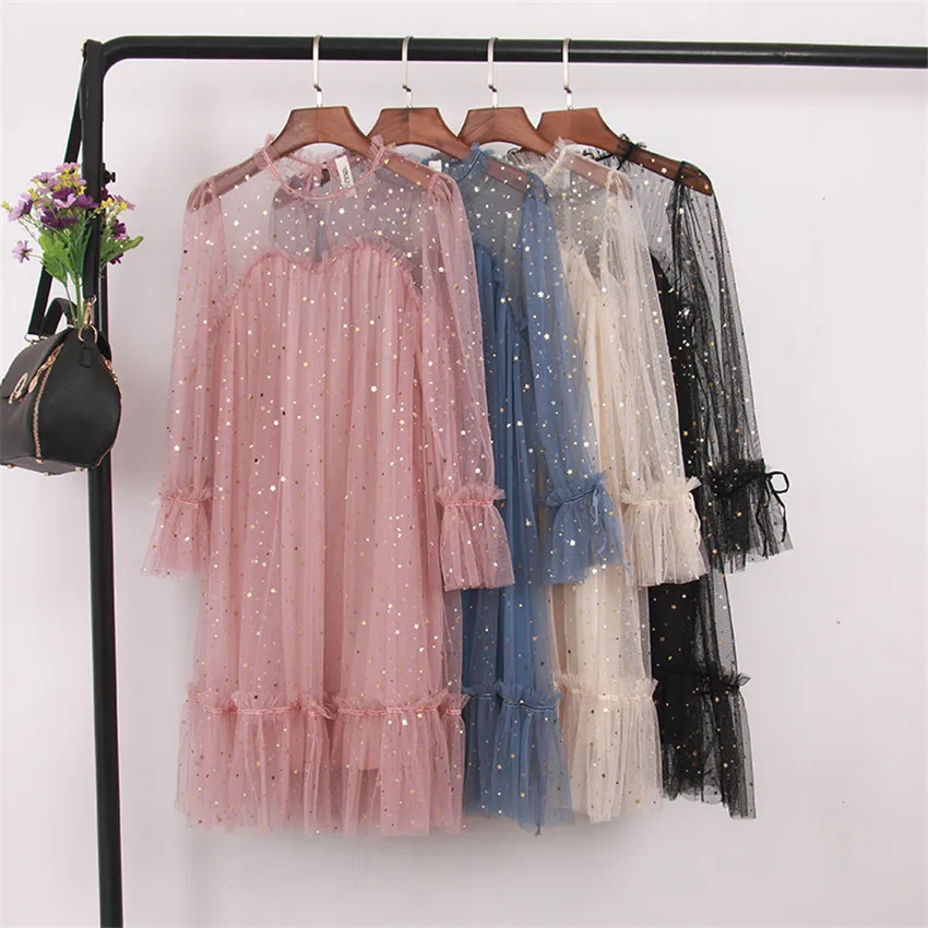 

2019 New Fashion Spring Women Flower Flare Sleeve Dresses Summer Sequined Mesh Dress Long Sexy Dress Clothing Vestidos WZ755
