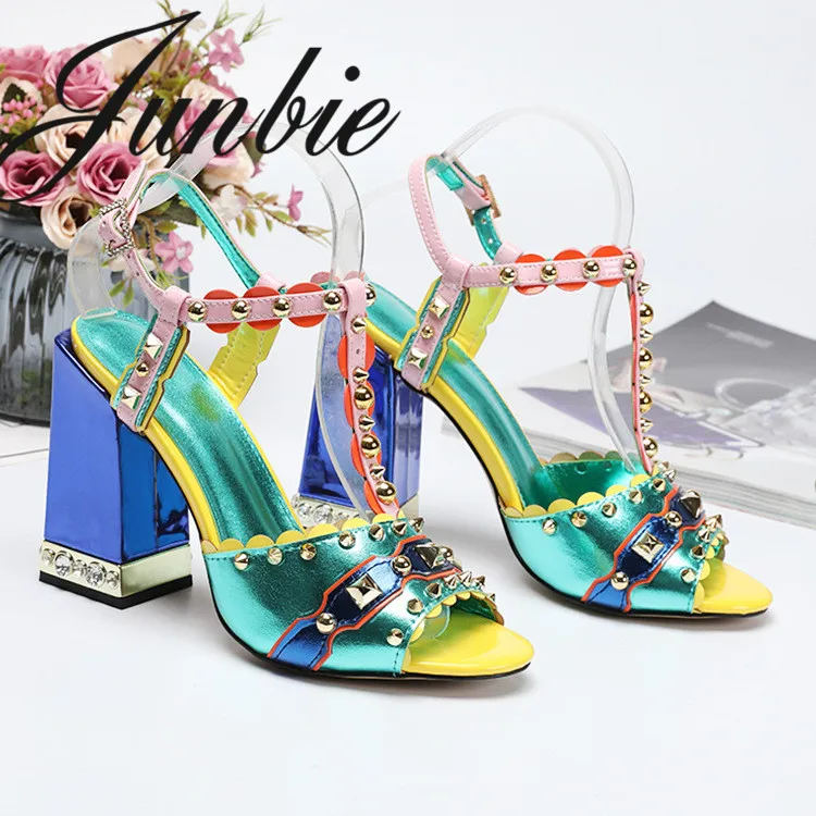 

JUNBIE New Genuine Leather Mixed Color Summer Sandas Open Toe Metal Studded HIgh Heel Sandals Crystal Beading Heel Summer Sandal