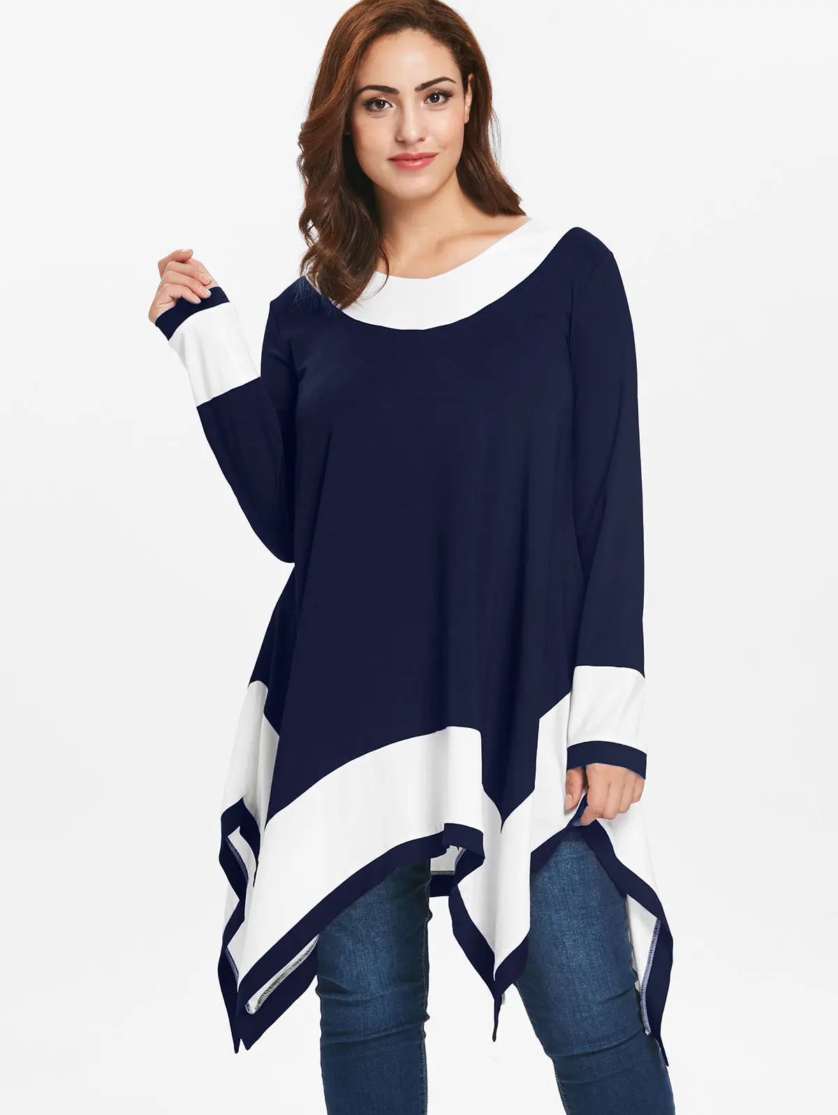  Wipalo Plus Size 5XL Contrast Long Sleeve Handkerchief T-Shirt Female Autumn Tunic T-Shirt Ladies T