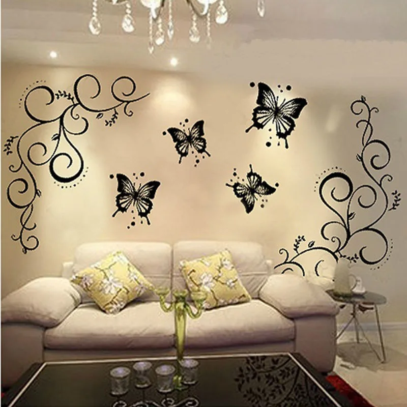 Декор для дома бабочка и лоза DIY Съемная виниловая наклейка художественная роспись домашний Декор наклейки на стену LS - Цвет: Черный