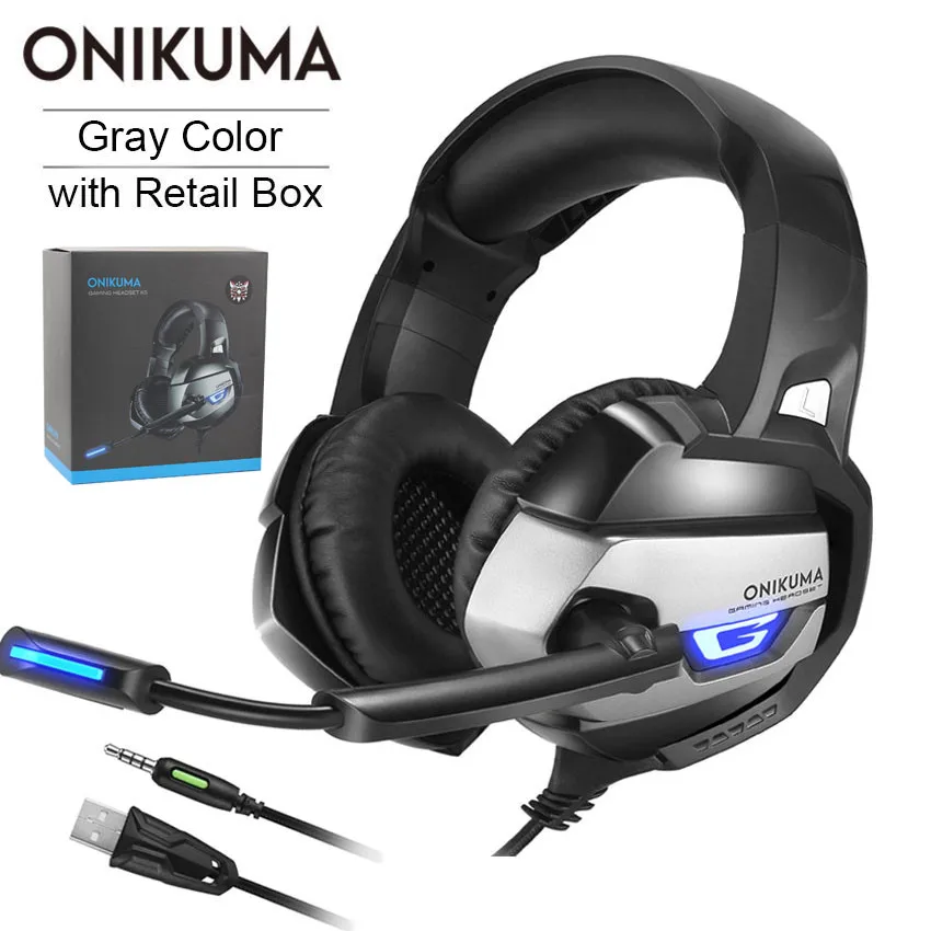 ONIKUMA K5 best игровая стереогарнитура casque 3,5 мм глубокий бас наушники с микрофоном для PS4 геймпад новой Xbox One PC ноутбук - Цвет: Gray with Retail Box