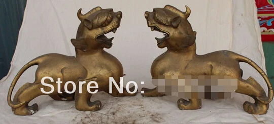 

0 11" Old China Fengshui animal Bronze Beast unicorn Kylin pi xiu statue Pair