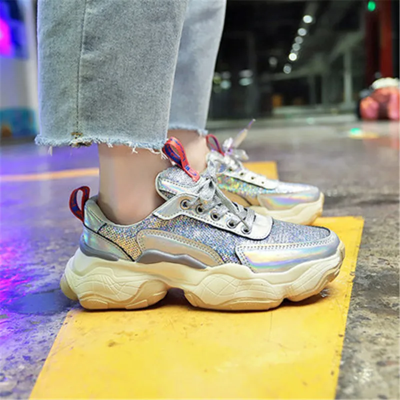 

Ultralight Leather Mesh Sneakers Women 2019 New Spring Hot sale Fashion Sequin jogging Platform Sneakers Casual shoes women