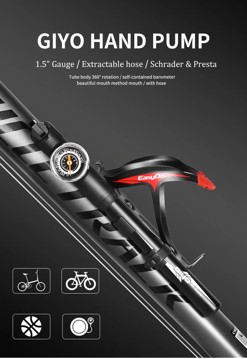 GIYO велосипедный насос s извлекаемый шланг велосипедный насос высокого давления ручной насос с измерительный мячик игольчатый насос для шин воздушный велосипедный насос