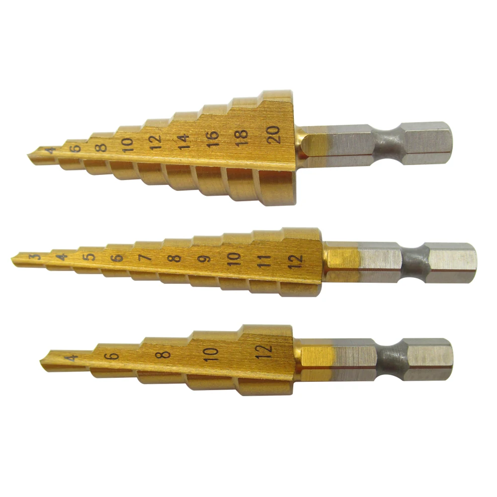

3PCS HSS Titanium Step Drill Bit Set 3-12mm 4-12mm 4-20mm Steel Cutter Step Cone Metal Drilling Power Tools for Woodworking Wood