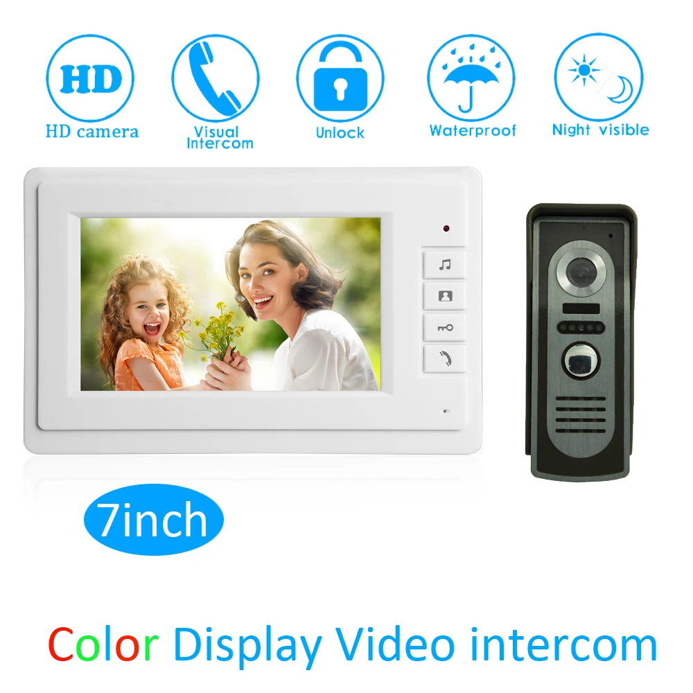 

(1 Set) Security Home waterproof camera Video intercom door access system 1 to 1 video door bell 7 inch display for visitor