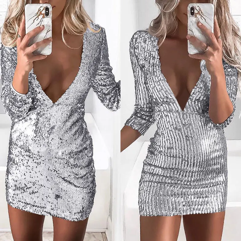 

Women Short Gold Sequin Dress party Female Sexy Deep V Neck Solid Club Wear Bodycon Mini Vintage Vestido Lentejulas Long Sleeve