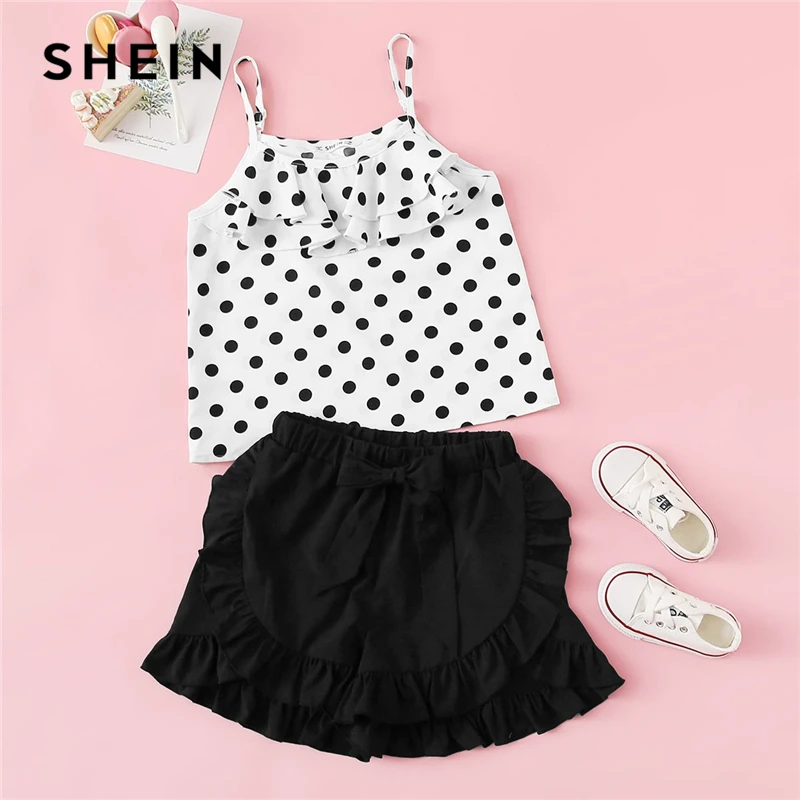 

SHEIN Kiddie Girls Polka Dot Layered Spaghetti Strap Top And Solid Ruffle Shorts Boho Set 2019 Summer Holiday Cute Clothes Sets