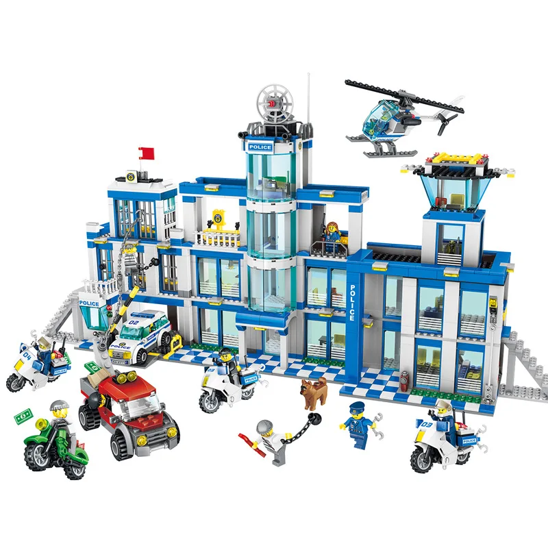 

City Series Police Station Playmobil Helicopter Boat Blocks DIY Bricks Toys For Children Gift Compatible With Legoing