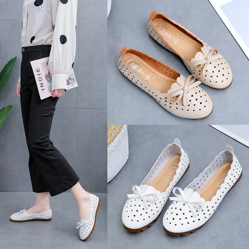 

Tangnest Hollow Flats Women Platform Loafers Breathable Summer Flat Shoes Woman Bow-knot Slip On Solid Casual Footwear XWD7783