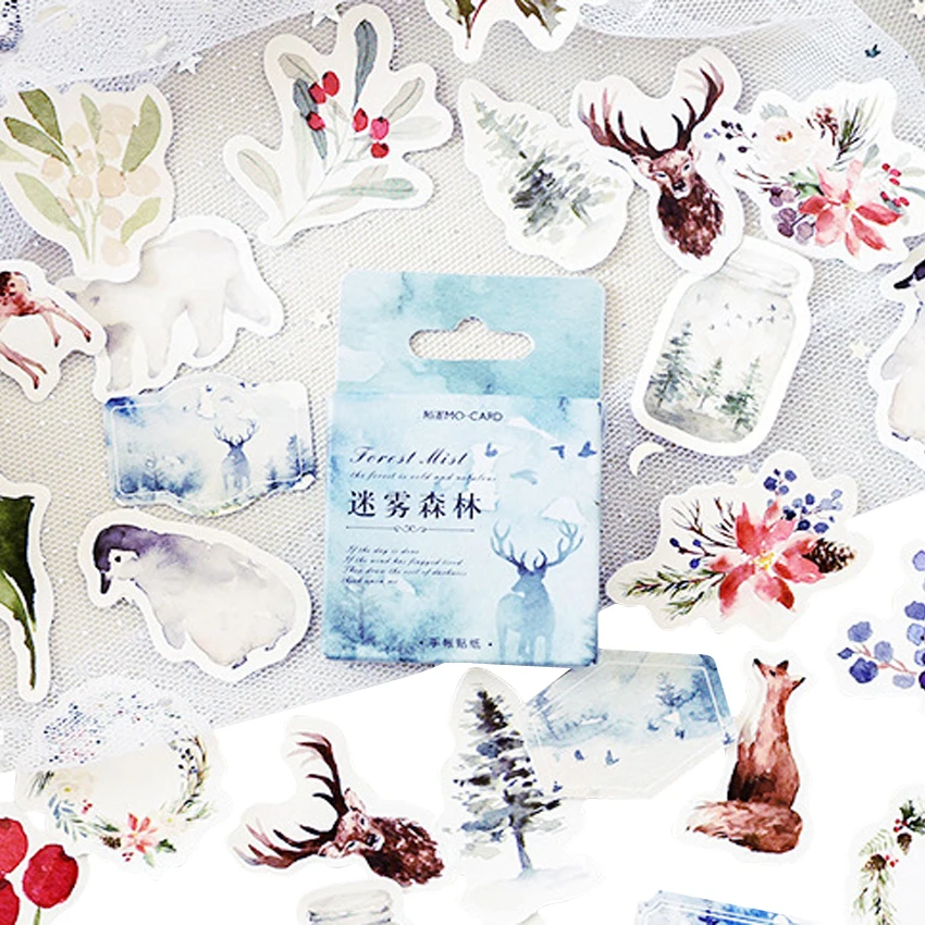 

46pcs/pack Forest Mist Series Paper Sticker Decoration Adhesive Scrapbook Sticky Label Bookmark For Student And Office Supply