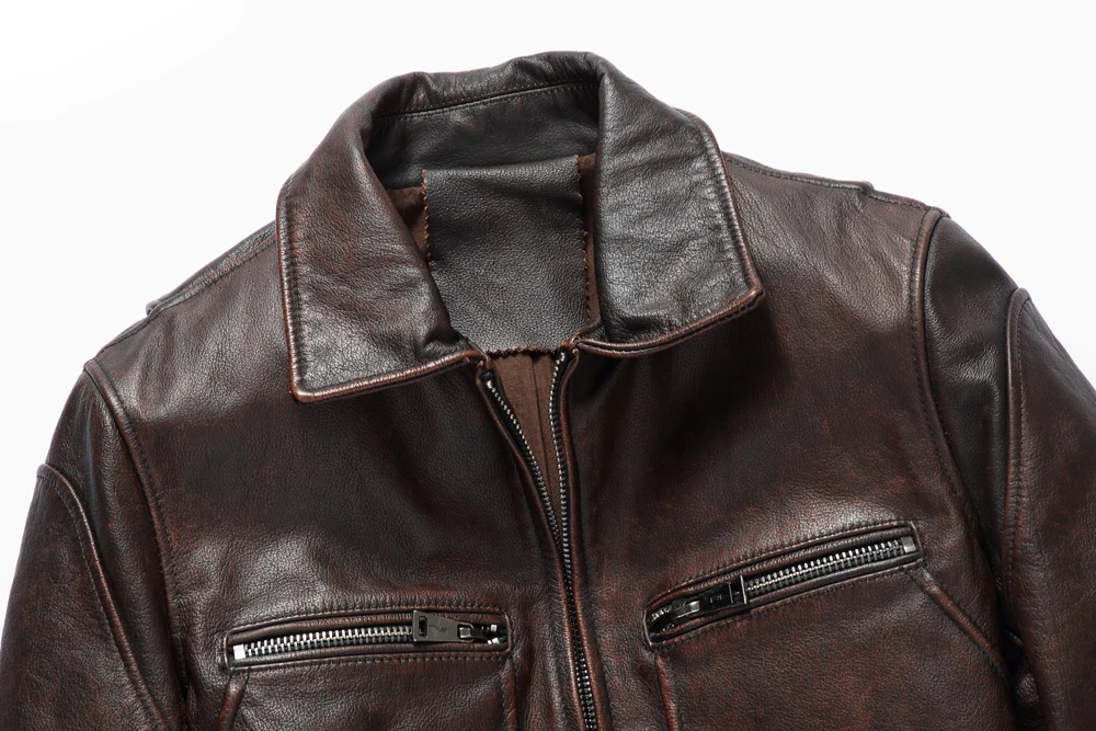 Мужская Ретро винтажная коричневая натуральная кожаная куртка размера плюс XXXL настоящая Толстая воловья кожа зимняя повседневная кожаная куртка