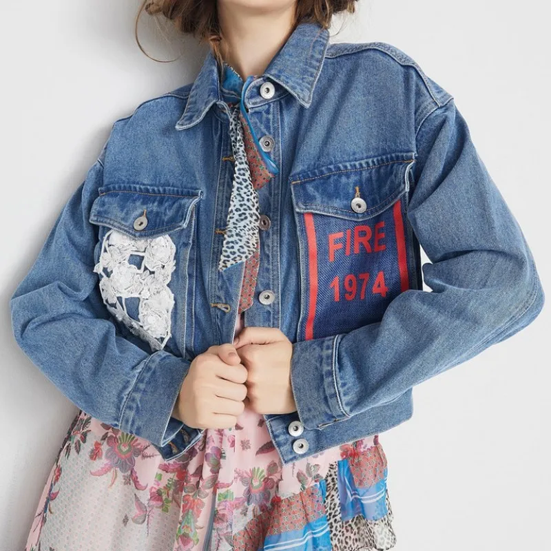 Casual Fashion Jean Jacket Women Letter Printing Big Pocket Single-breasted Denim Coat Streetwear Denim Jacket Woman Spring 2019