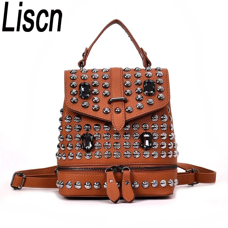

LISCN Rivet Shoulder Backpack Female Luxury Brand Desin Punk Style Daypack Solid PU Leather Backpacks Women Schoolbag