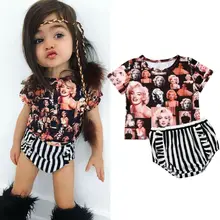Одежда для маленьких девочек топы с короткими рукавами с принтом Мэрилин Монро, футболка+ шорты в полоску, одежда для детей от 3 до 24 месяцев
