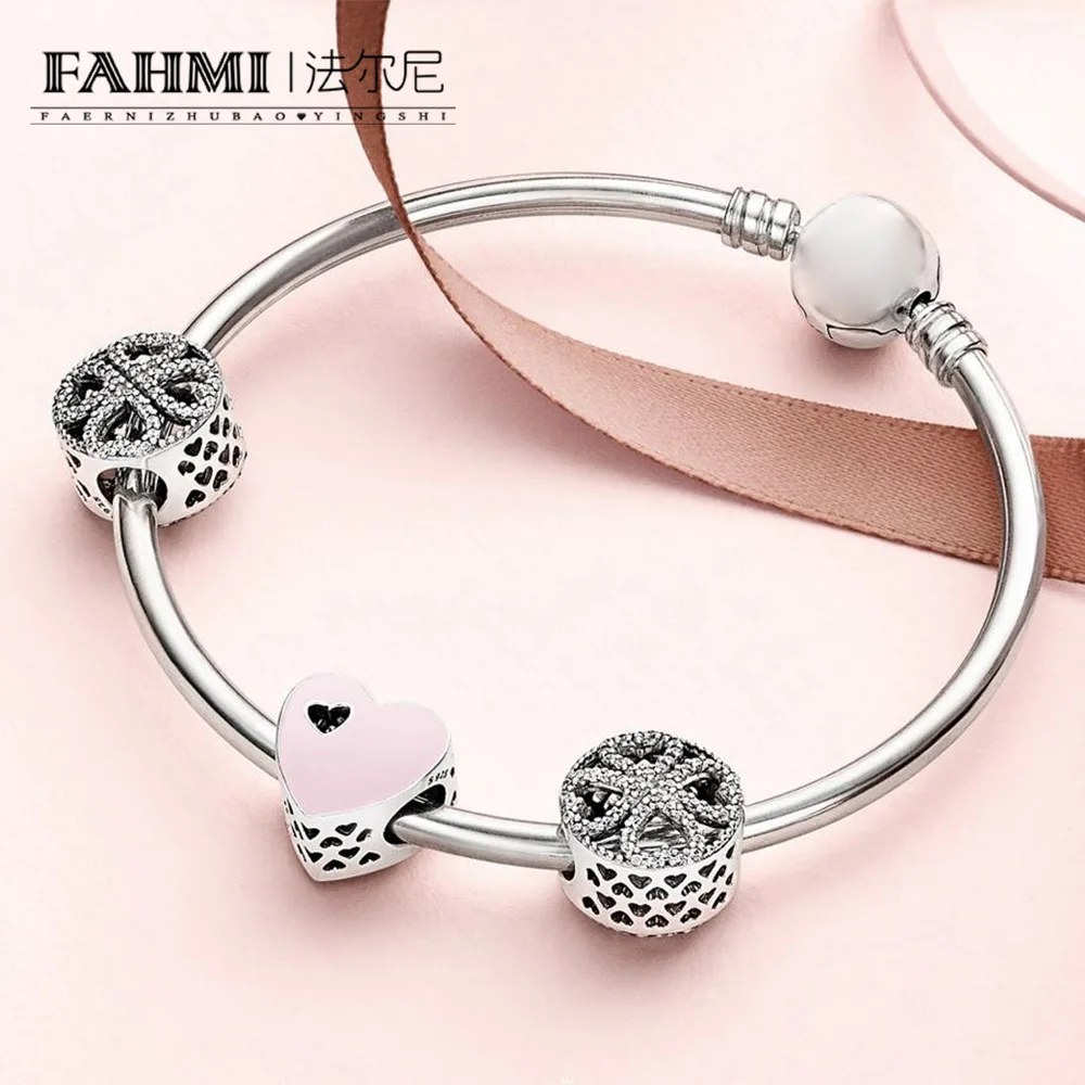 

FAHMI 100% 925 Sterling Silver 1:1 SWEET LOVE HEART CHARM Petals of Love Four-leaf Clover Beaded Bracelet Bangle Gift Set