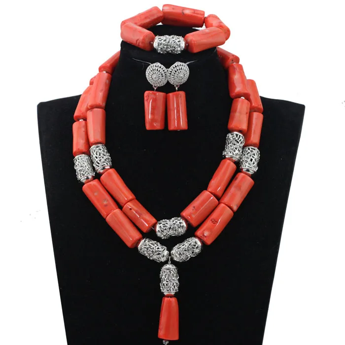 Традиционный Африканский нигерийский Коралл набор бусин для женщин амулеты 2 слоя красные коралловые бусины ожерелье серьги набор ABH505 - Окраска металла: 9