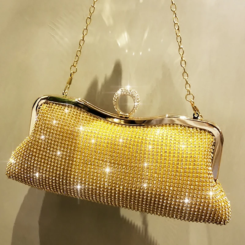 

Handbag Crystal Day Clutch Gold Women Bridal Wedding Chain Shoulder Bag Rhinestone Purse Finger Knucklebox Evening Party Bag