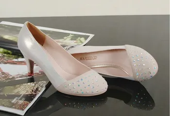 

2018 Popular Spring Autumn High Heel Round Toe Shoes Rhinestone Geniune Leather Pumps Wedding Bridal Shoes Lady Dress Shoes