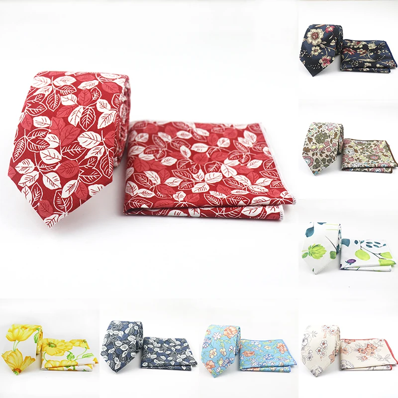 

2019 Cotton Tie Set 7CM Flower Neck Tie Floral Soft Formal Ties Suit Vintage Pocket Square Cravat Dress Hanky 22*22CM Party Gift