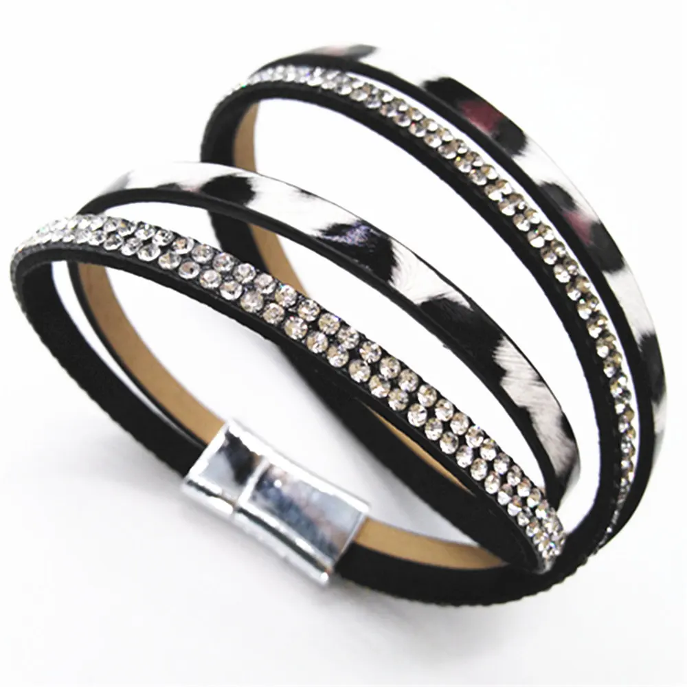 Leopard Rhinestone многослойные кожаные браслеты ручной работы женские модные манжеты