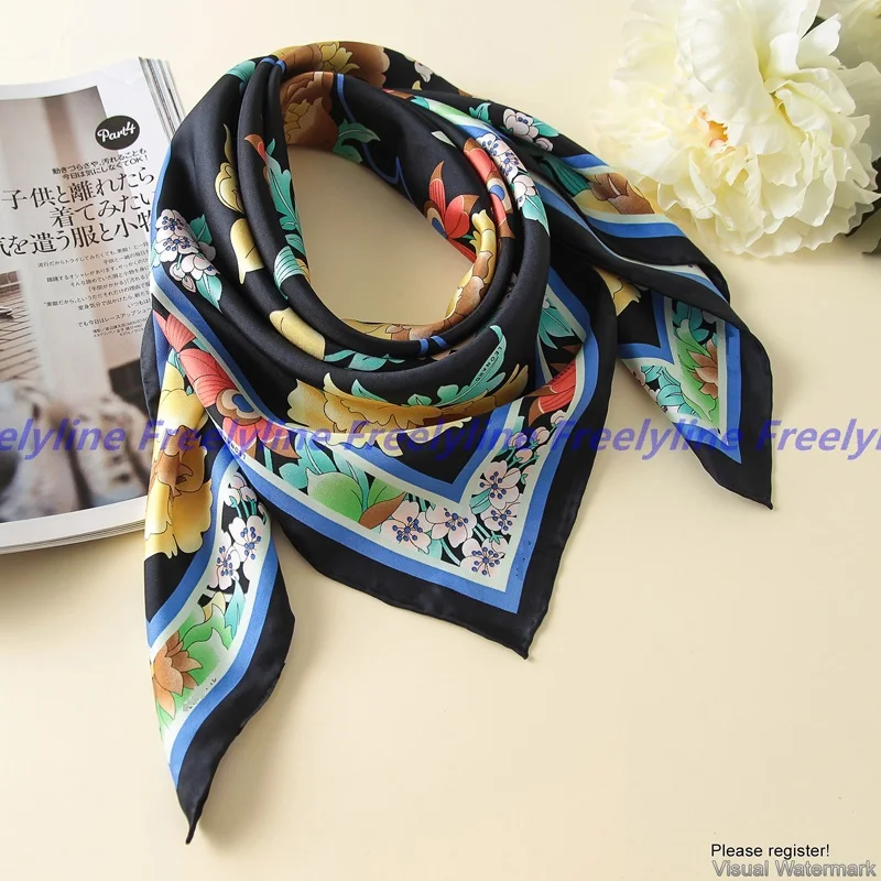 

Floral Print 100% Silk Twill Scarf Bandana Hijab Women Fashion Square Silk Scarves Shawl Wraps Top Grade Hand Rolled Edge 90cm