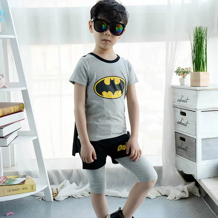 

100% Cotton Band 3-8 Yrs Summer Children's Clothing Set T-shirt + Pants + Cloak Suit Boy Kids Clothes Superman Cartoons Patterns