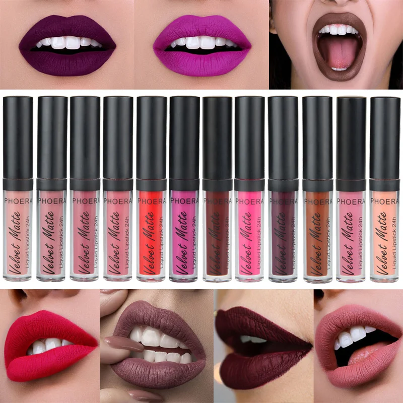 

1PC PHOERA 12Colors Waterproof Lip Gloss Matte Liquid Lipstick Matte Lipstick Lipkit Cosmetics Makeup Purple Black Rose TSLM1