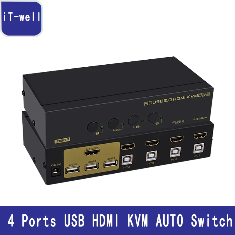 iT well HDMI Switch 4 Port USB KVM Switch 4 computers