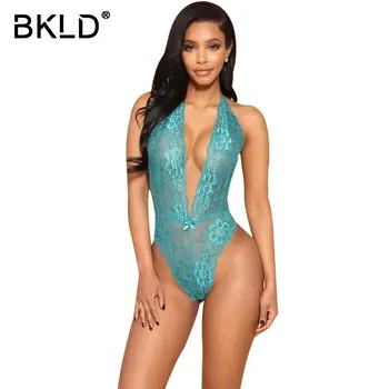 

BKLD Elegant Floral Lace Halter Bodycon Bodysuits Women Off Shoulder Sexy Backless Deep V Transparent Mesh Skinny Body Tops 2018