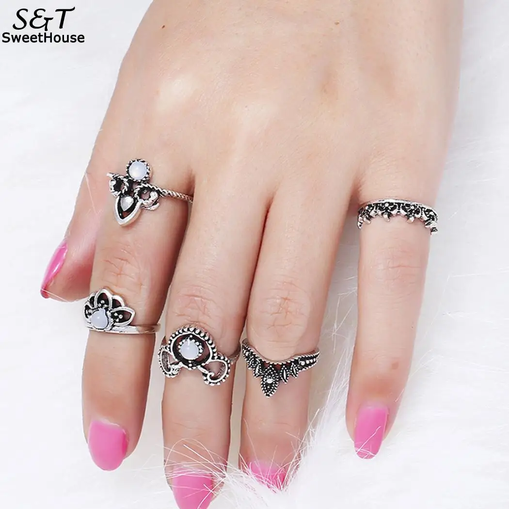 

FANALA Rings Set Woman 2018 New 5pcs/set Vintage Style Hollow Out Midi Finger Knuckle Rings Woman