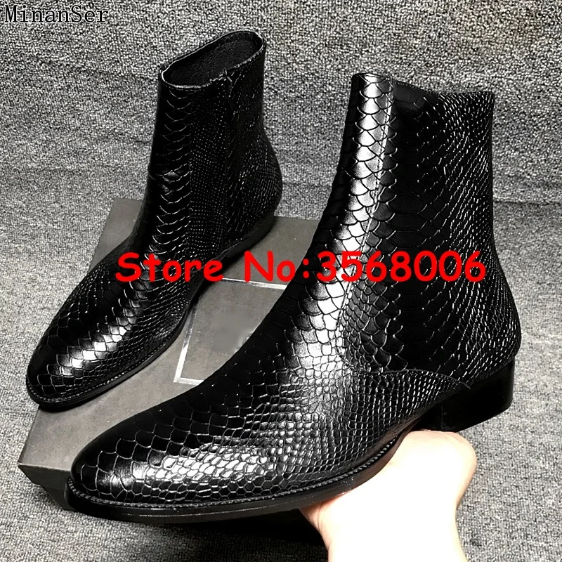 Snake Skin Leather Pointy Toe Zipper High Top Men Chelsea Boots Shoes Rome Style Casual Spring Autumn Man Ankle Boots Shoes