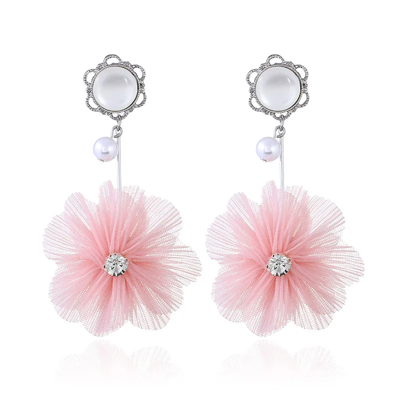 Elegant Fabric Lace Flower Earrings Shaped Charms Fringed Tassel Earrings