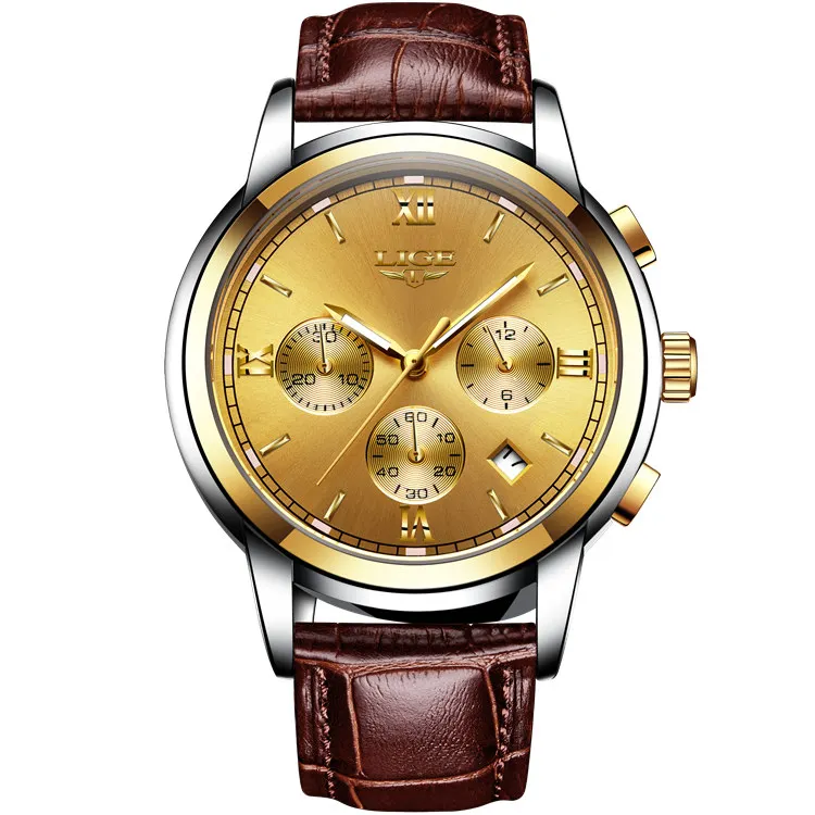 Люксовый бренд LIGE часы мужские модные спортивные военные кварцевые часы мужские полностью стальные бизнес водонепроницаемые часы мужские Relogio Masculino - Цвет: all gold leather