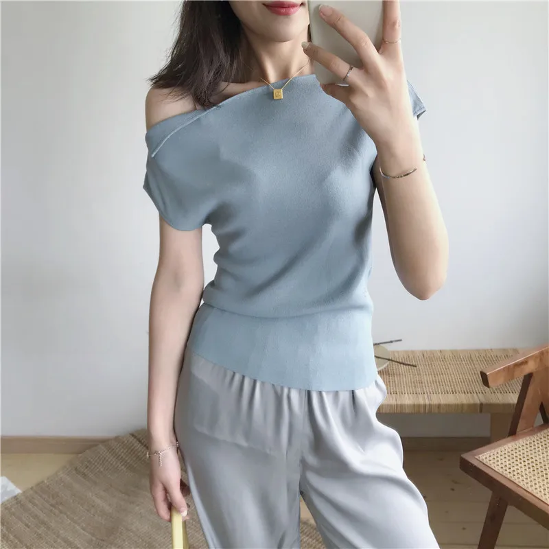 Футболка femme, camisetas mujer manga corta, женская футболка, новинка, трикотажная футболка с короткими рукавами и одним плечом