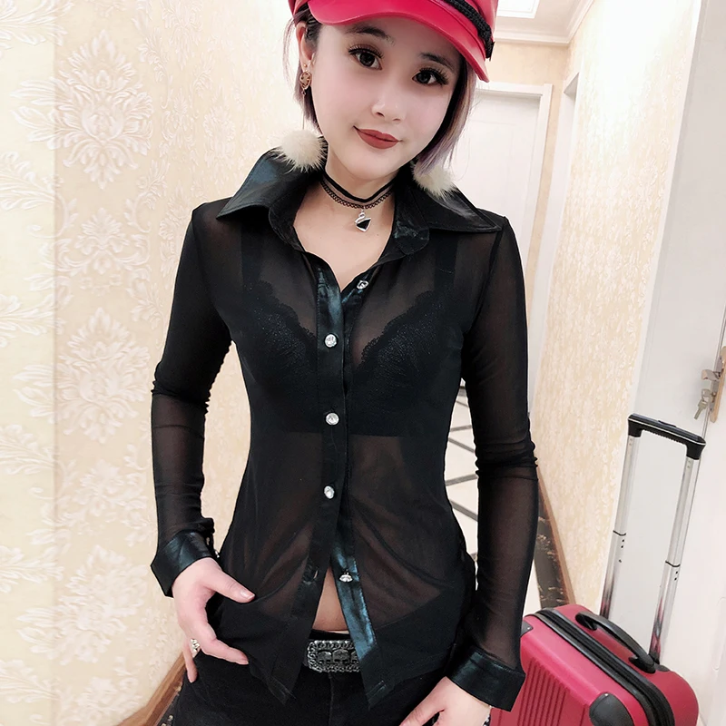 

Sexy Mesh Transparent Blouse 2019 New Spring Summer PU Cardigan Button Long Sleeve Shirt Clothes Tops Chemise Femme T94126L