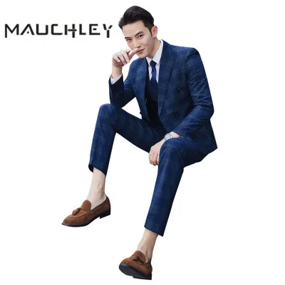 

Latest Coat Pants Designs Mens Suits Slim Fit 3 Pieces Jacket With Pants Double Breasted Big Plaid Navy Tuxedo Prom Suits 2018