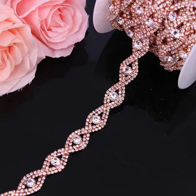 Rose Gold 1 ярд ручная работа золотое шитье отделка стразами для невесты кристально прозрачные стразы накладная заплата для ремешок для свадебного платья DIY пришить - Цвет: Rose Gold