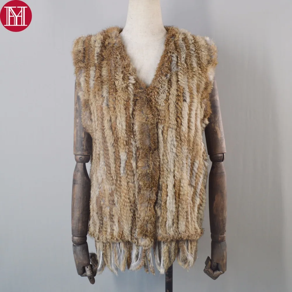 

Women Spring Autumn Real Knitted Rabbit Fur Vest Fashion Knit Real Rabbit Fur Gilet Wholesale and Tetail Tassel Sleeveless Coat