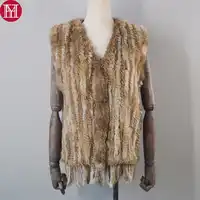 Women Spring Autumn Real Knitted Rabbit Fur Vest Fashion Knit Real Rabbit Fur Gilet Wholesale and Tetail Tassel Sleeveless Coat