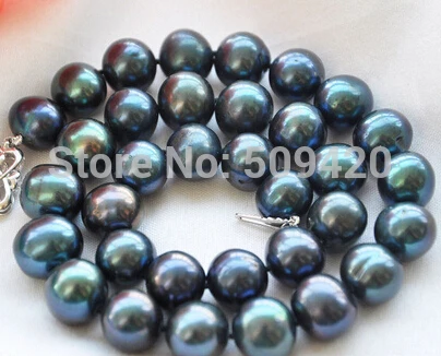 

FREE SHIPPING>>@>> W&O656 >>P4152 HUGE 13mm ROUND PEACOCK BLACK FW PEARL NECKLACE 17IN 925ss