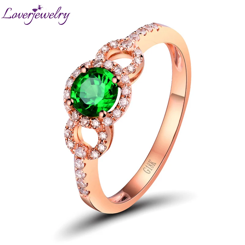 

LOVERJEWELRY Green Tsavorite Ring With Natural Diamonds Solid 18Kt Rose Gold Round Shape Genuine Stone For Women Gift WU263