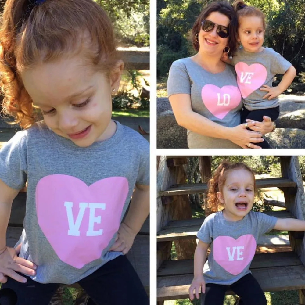 

Puseky Family Matching Outfits Mom Baby Girl Clothes Letter Short Sleeves Tshirt Mother Daughter Love Heat Print Family Clothing