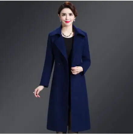 Navy blue Плюс размер 4XL повседневное женское Шерстяное Пальто осенне-зимнее однобортное с широкой талией отложной воротник талия женские шерстяные смеси - Цвет: Navy blue