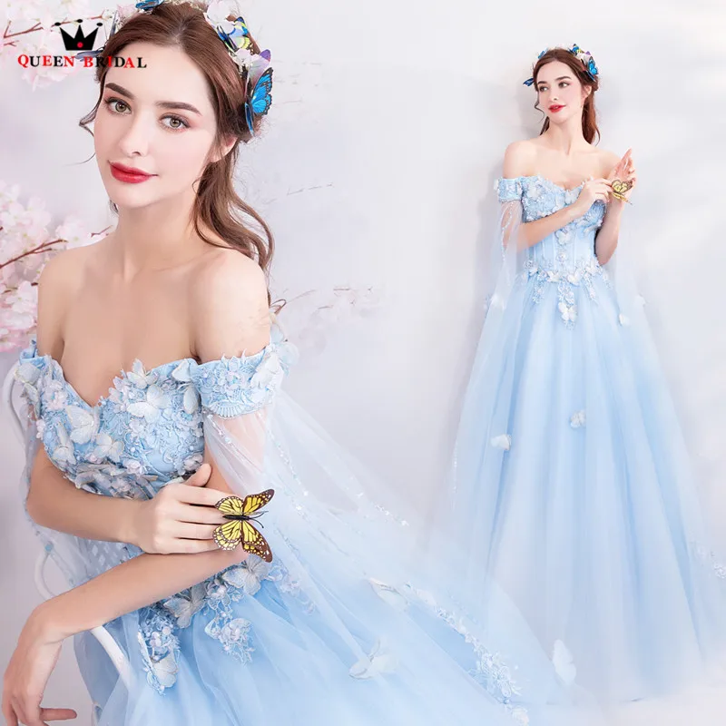 

A-line Cape Flowers Beaded Tulle Light Blue Elegant Evening Dresses Formal Prom Party Dress Evening Gown 2018 New Fashion MT11