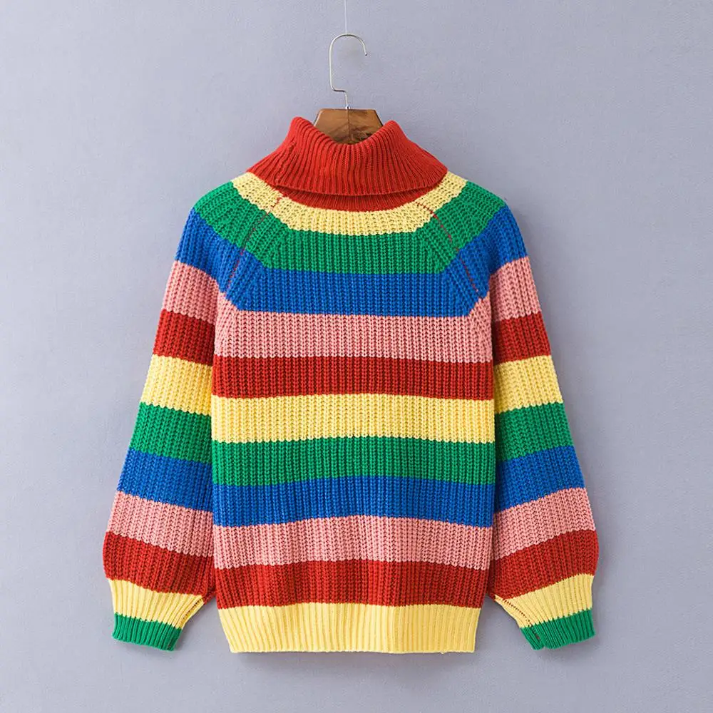 Casual Loose Autumn Winter Turtleneck Sweater Women Oversize Rainbow Striped Knitted Sweaters Warm Long Sleeve Pullover Sweater