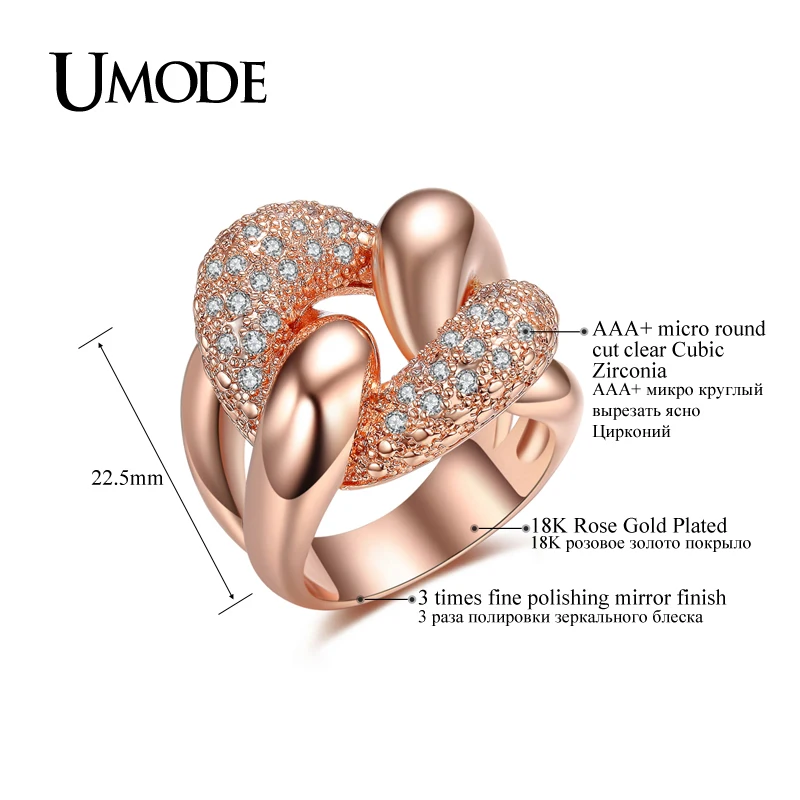 UMODE панк Дизайн Узелок в форме микро имитация CZ камень проложили коктейльное кольцо розовое золото цвет ювелирные изделия для женщин Aneis Bijoux UR0341