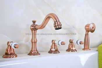 

Antique Red Copper Bathtub Shower Faucets 5 hole Basin Sink Taps Three Handle Control with Hand Shower Ntf225