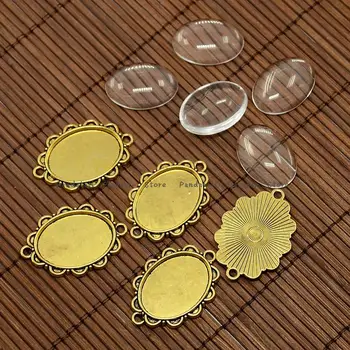 

25x18mm Oval Dome Clear Glass Cover and Antique Golden Alloy Cabochon Connector Settings Sets, Nickel Free, Settings: 36x25x2mm
