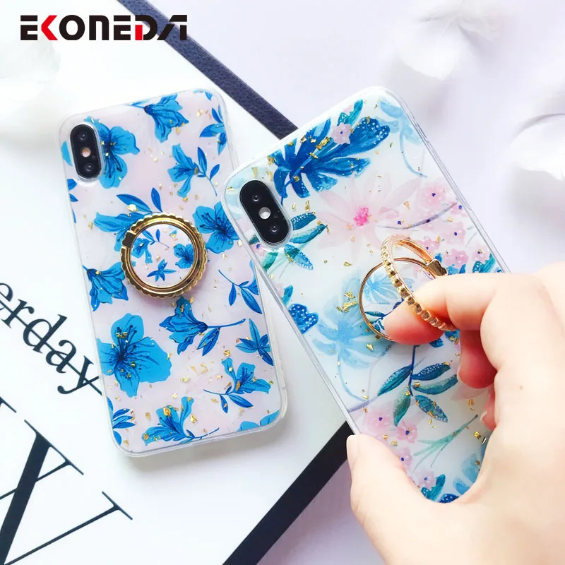 

EKONEDA Gold Foil Floral Leaves Case For iPhone XR Case Finger Ring Cover Metal Stand Case For iPhone 7 6S 8 Plus X XS Max
